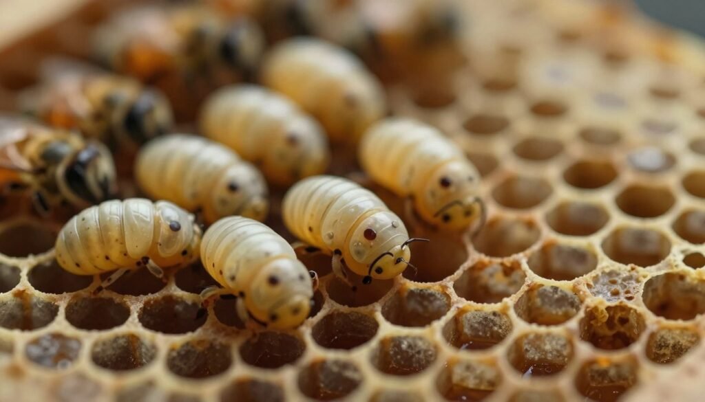A close-up view of honey bee larvae affected by sacbrood virus, showing distinct symptoms of infection. In the foreground, several larvae with a pale, slightly translucent appearance are surrounded by a honeycomb structure. The midground features healthy larvae, contrasting with the infected ones, while blurred honeycomb hexagons create a natural habitat effect. The background depicts soft, ambient lighting filtering through the hive, emphasizing the organic textures of the beeswax. The mood is somber yet enlightening, highlighting the biological struggles within the colony. Use a macro lens perspective to enhance details, showcasing nuanced variations in color and texture that illustrate the virus's impact on larval development.
