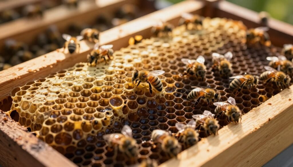 A close-up view of honey bee queen cells within a wooden framed beehive, showcasing several oval-shaped wax structures filled with developing bee larvae, contrasted against the textured, dark honeycomb. In the foreground, the focus is sharp on the queen cells, with bees gently hovering nearby. The middle layer features the intricate details of the hive's structure, with sunlit patches illuminating the waxy surface, creating a warm and inviting atmosphere. The background is softly blurred, hinting at more rows of honeycomb and bees working diligently. The scene is bathed in natural light, emulating a late afternoon sun, emphasizing a sense of calm and industriousness in a healthy bee colony. The overall mood is serene and productive, perfect for highlighting the importance of monitoring these cells.
