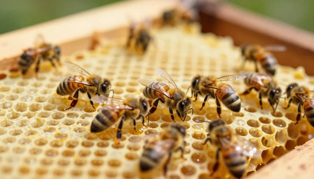 A close-up view of honey bees actively working on drawing comb in a vibrant, well-lit hive. In the foreground, several bees are seen meticulously shaping wax, showcasing their intricate movements and the glistening texture of the new comb. The middle layer captures the hexagonal structure of the comb partially formed, with some cells filled with honey and others awaiting completion. The background features the warm, natural colors of the hive, with soft, diffused lighting creating a peaceful atmosphere. A shallow depth of field adds a sense of intimacy, focusing sharply on the bees and the comb, conveying a sense of diligence and community. The overall mood is tranquil yet industrious, highlighting the essential behavior of bees in their environment. A close-up view of honey bees actively working on drawing comb in a vibrant, well-lit hive