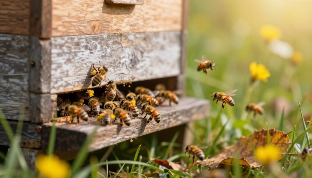 A close-up view of honey bees bearding at the entrance of a wooden hive, showcasing their intricate details and fuzzy bodies. In the foreground, clusters of bees appear to be on the verge of flight, some with pollen baskets full of bright yellow pollen. The middle ground features the wooden hive with its natural weathering, surrounded by vibrant green grass and falling leaves. In the background, soft-focus wildflowers bloom under a warm, golden sunlight, creating a peaceful, serene atmosphere. The lighting is soft and warm, accentuating the bees' delicate features, while a shallow depth of field blurs the background, drawing attention to the active bees. The overall mood is vibrant and bustling, capturing the essence of a busy bee colony.