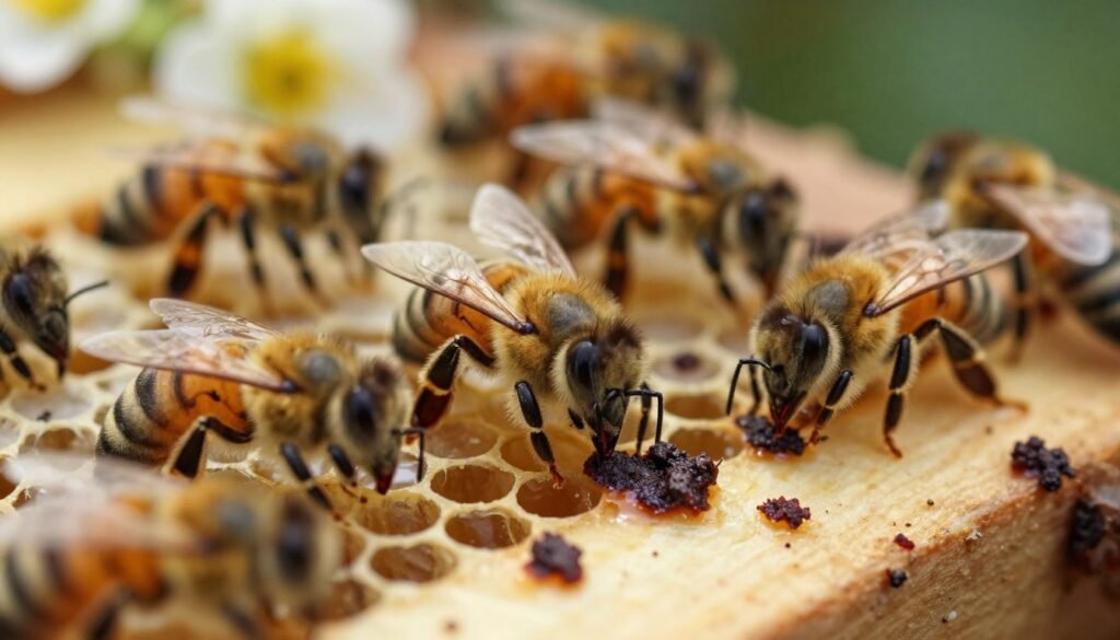 A close-up view of honey bees exhibiting signs of dysentery, focusing on several bees on a honeycomb frame with visible fecal matter. The foreground features bees with their mandibles slightly open, struggling, and showing a distressed expression. In the middle, the honeycomb cells are filled with honey, but some have dark, irregular patches indicating dysentery. The background contains blurred flowers and greenery, suggesting a natural hive environment. The lighting is soft and warm, creating a slightly somber yet informative atmosphere. Use a macro lens effect to enhance the details of the bees and their condition, capturing the intricacies of their struggle in a realistic and educational manner.
