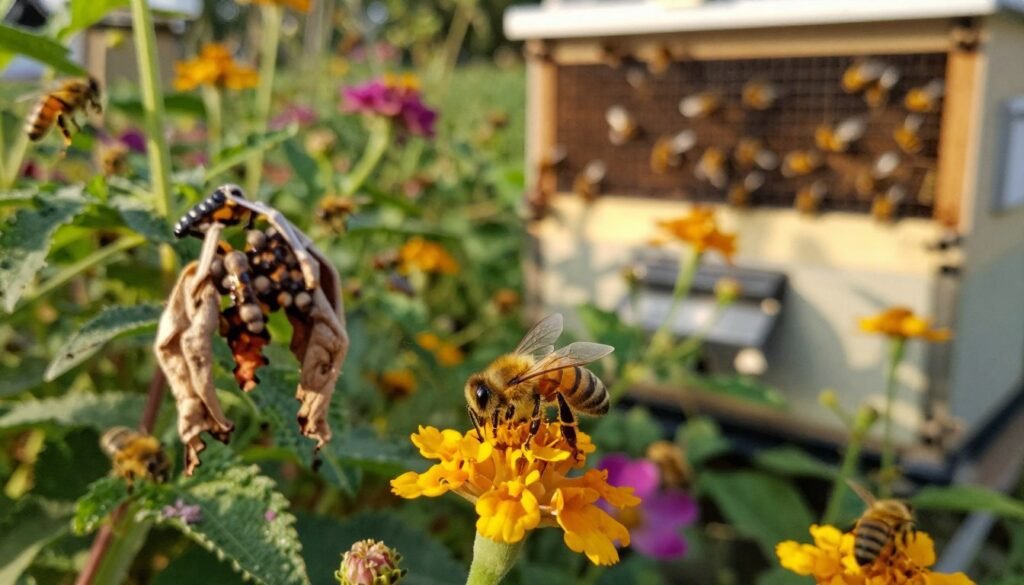 A close-up view of honey bees in a vibrant garden, meticulously arranged to showcase their interaction with flowers and the environment. In the foreground, a honey bee is perched on a bright, colorful flower, its delicate wings shimmering under soft, diffused sunlight. The middle ground features a variety of plants that exhibit signs of environmental stress, contrasting healthy flora with wilting leaves, emphasizing the impact of pesticides. In the background, a blurred view of a beekeeping setup reflects an ongoing study on viral titres. The atmosphere is tense yet natural, illuminated by golden hour lighting that casts warm shadows. The scene captures the delicate balance between nature and human influences, illustrating the urgency of understanding viral dynamics in bees.