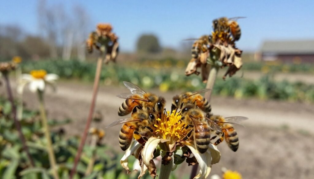 A close-up view of honey bees struggling to find nectar in a garden during a nectar dearth, portrayed with vivid detail. In the foreground, a cluster of bees are seen hovering around wilted flowers, their wings iridescent in the soft sunlight. The middle ground features sparse blooming plants, looking dehydrated and lacking vibrant colors, creating a sense of urgency and desperation. In the background, a blurred garden landscape under a clear blue sky enhances the feeling of isolation and scarcity. Use natural lighting to emphasize the contrast between the bees' vibrant bodies and the muted, lifeless surroundings. Capture an atmosphere of concern and awareness, reflecting the vital importance of nurturing bee populations during challenging times. A close-up view of honey bees struggling to find nectar in a garden during a nectar dearth, portrayed with vivid detail. In the foreground, a cluster of bees are seen hovering around wilted flowers, their wings iridescent in the soft sunlight. The middle ground features sparse blooming plants, looking dehydrated and lacking vibrant colors, creating a sense of urgency and desperation. In the background, a blurred garden landscape under a clear blue sky enhances the feeling of isolation and scarcity. Use natural lighting to emphasize the contrast between the bees' vibrant bodies and the muted, lifeless surroundings. Capture an atmosphere of concern and awareness, reflecting the vital importance of nurturing bee populations during challenging times.