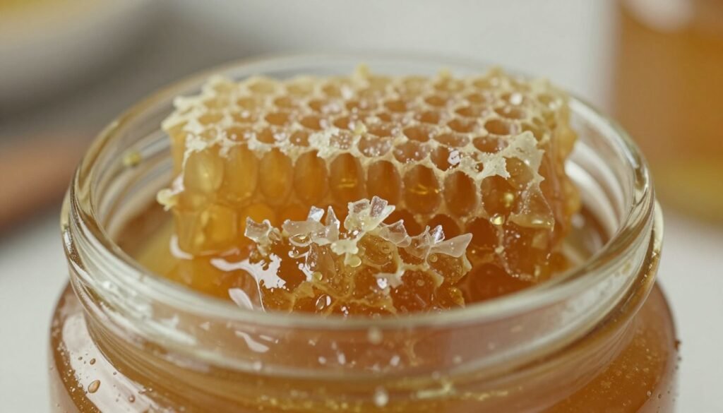 A close-up view of honey crystallization in action, showcasing a clear glass jar filled with golden, textured creamed honey. In the foreground, focus on intricate crystalline structures forming within the honey, reflecting light and casting delicate shadows. The middle ground features a backdrop of honeycombs with droplets of honey glistening on the surface, highlighting the natural process. The background shows a blurred kitchen setting with soft, warm lighting, creating an inviting atmosphere. Use a macro lens to capture the details, with a shallow depth of field to emphasize the crystallization process. Aim for a calm and scientific mood, illustrating the beauty of this natural phenomenon.
