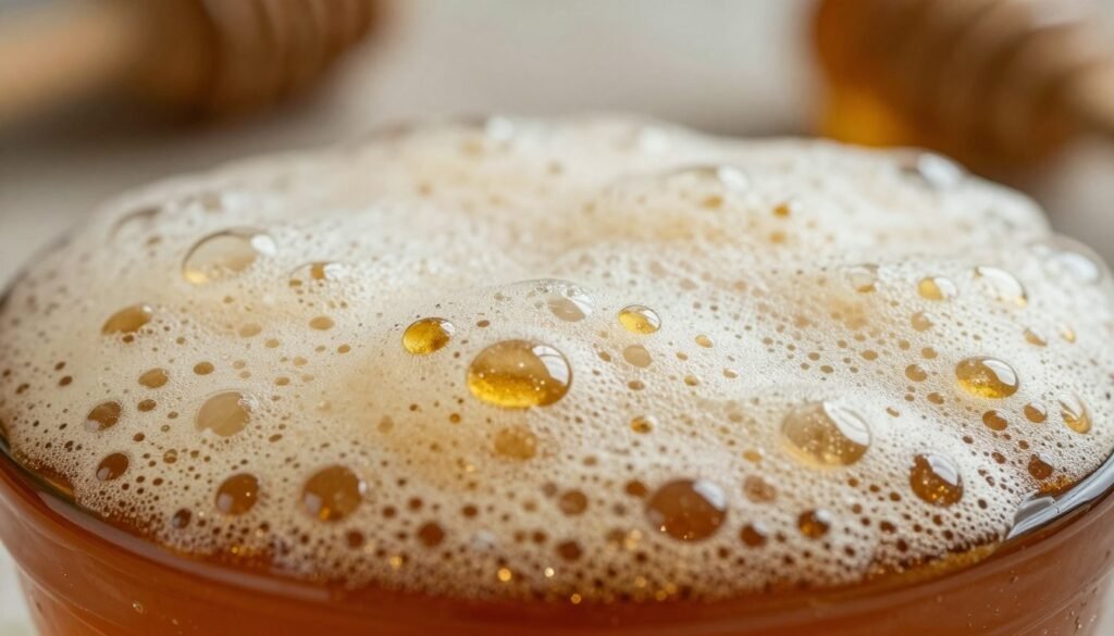 A close-up view of honey foam, showcasing delicate, frothy bubbles forming soft peaks at the surface. In the foreground, droplets of honey glisten, revealing a warm amber hue, with hints of golden reflections. The middle ground features a textured layer of creamy honey froth that is light and airy, demonstrating its natural composition. The background is softly blurred to suggest a rustic kitchen environment, with soft natural light filtering in, illuminating the honey and emphasizing its inviting richness. The overall mood conveys warmth and authenticity, emphasizing the organic nature of honey. Use a macro lens effect to capture fine details and textures of the foam and honey. No text or logos should be present in the image. A close-up view of honey foam, showcasing delicate, frothy bubbles forming soft peaks at the surface. In the foreground, droplets of honey glisten, revealing a warm amber hue, with hints of golden reflections. The middle ground features a textured layer of creamy honey froth that is light and airy, demonstrating its natural composition. The background is softly blurred to suggest a rustic kitchen environment, with soft natural light filtering in, illuminating the honey and emphasizing its inviting richness. The overall mood conveys warmth and authenticity, emphasizing the organic nature of honey. Use a macro lens effect to capture fine details and textures of the foam and honey. No text or logos should be present in the image.