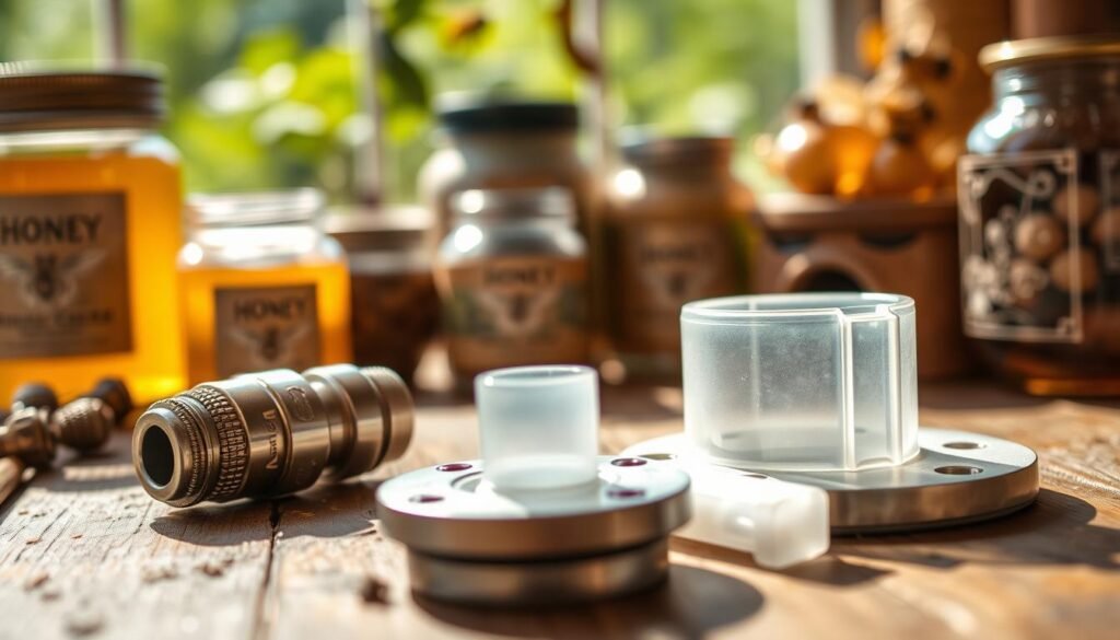 A close-up view of honey gate materials arranged artistically on a rustic wooden table, showcasing various options like stainless steel, food-grade plastic, and silicone gaskets. In the foreground, highlight a polished stainless steel honey gate valve with intricate detailing and smooth metal finish. In the middle ground, feature a slightly translucent food-grade plastic gate, demonstrating its flexibility and durability. The background should softly blur, revealing jars of honey and bee-themed decor, enhancing the bee-keeping atmosphere. Natural daylight filters in, casting gentle shadows, creating a warm and inviting mood. Use a macro lens perspective to emphasize textures and colors, inviting the viewer to appreciate the quality and craftsmanship of each material. The image should be clear and professional, enhancing the visual appeal without distractions.