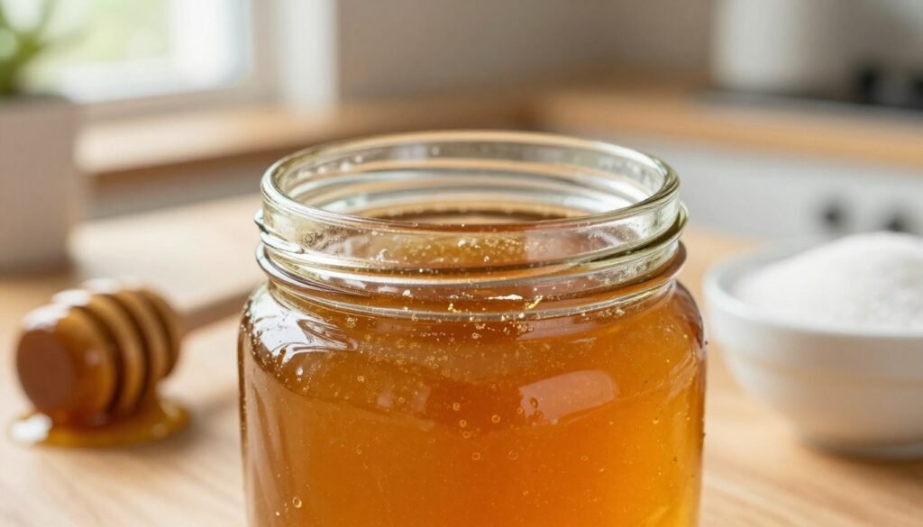 A close-up view of honey in a clear glass jar, showcasing a variety of textures ranging from smooth, glossy surfaces to crystallized, grainy sections. In the foreground, focus on the rich, amber color of the honey with light reflections that highlight its viscosity. In the middle ground, include a few honey dippers made of wood, along with a small bowl of granulated sugar, hinting at common texture troubleshooting issues. The background features a softly blurred natural setting, perhaps a kitchen counter with warm wooden tones, and gentle, diffused sunlight streaming in from a nearby window, creating a cozy and inviting atmosphere. The overall mood should convey a sense of warmth and familiarity, ideal for a homey troubleshooting environment.