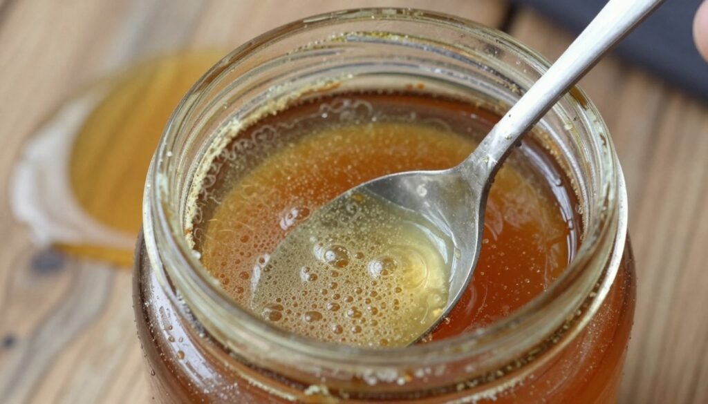 A close-up view of honey in a glass jar showing early signs of spoilage, such as a cloudy texture and small bubbles on the surface. In the foreground, include a spoon stirring the honey, highlighting dried sugar crystals forming at the rim of the jar. The middle layer features a blurred background of a rustic wooden table with amber-colored honey spills, suggesting potential humidity effects. Soft, natural lighting filters through, casting delicate shadows that enhance the organic feel. The atmosphere is slightly warm, evoking a sense of caution and curiosity about honey preservation. The composition should evoke a sense of natural beauty while clearly illustrating spoilage aspects without any text or distractions. A close-up view of honey in a glass jar showing early signs of spoilage, such as a cloudy texture and small bubbles on the surface. In the foreground, include a spoon stirring the honey, highlighting dried sugar crystals forming at the rim of the jar. The middle layer features a blurred background of a rustic wooden table with amber-colored honey spills, suggesting potential humidity effects. Soft, natural lighting filters through, casting delicate shadows that enhance the organic feel. The atmosphere is slightly warm, evoking a sense of caution and curiosity about honey preservation. The composition should evoke a sense of natural beauty while clearly illustrating spoilage aspects without any text or distractions.