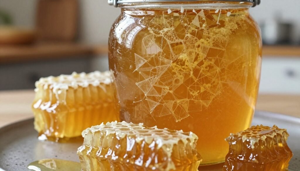 A close-up view of honey in a jar, with visible crystallization forming intricate, geometric ice-like structures throughout the golden liquid. In the foreground, the crystallized honey glistens under soft, natural lighting that highlights the amber color and texture. The middle ground features a few delicate honeycomb pieces, partially submerged, showcasing the contrasting smoothness of the honey against the rougher hive structures. In the background, a blurred, rustic kitchen scene with wooden shelves and natural elements suggests a warm, inviting atmosphere. The overall mood should be serene and scientific, illustrating the transformation that crystallization brings to honey, while keeping the focus on the enchanting patterns formed by the crystallization process.