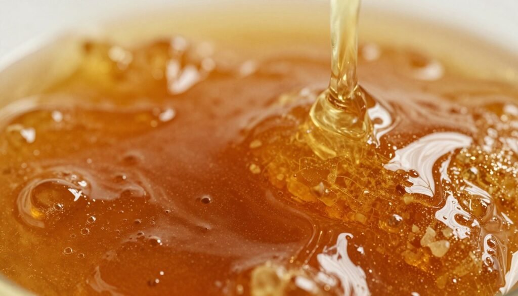 A close-up view of honey showcasing texture changes, captured at an angle that reveals the viscous consistency as it drips and pools. The foreground displays glistening, amber-hued honey with a thick, almost syrupy quality, accented by tiny bubbles indicating overheating. In the middle ground, a contrasting section features honey that appears grainy and crystalline, hinting at sugar crystallization from heat exposure. The background is softly blurred, highlighting the honey's details, with warm, golden light that enhances texture and depth. The overall atmosphere is warm and inviting, emphasizing the sensory experience of observing honey's transformation.