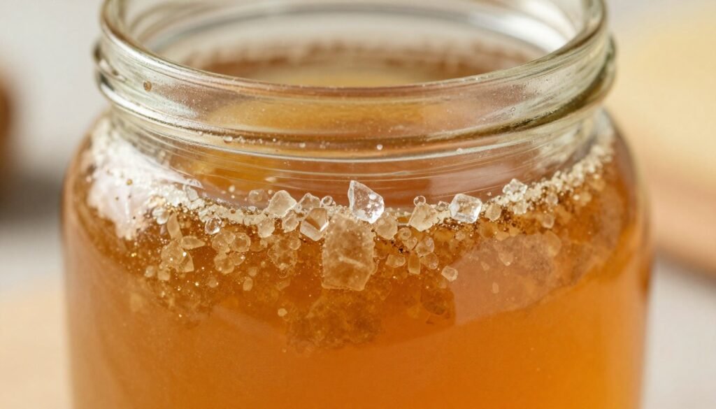 A close-up view of honey starting to crystallize within a clear glass jar, showcasing intricate crystal formations and textures. In the foreground, large, sparkling sugar crystals begin to emerge, glistening under soft, warm lighting. The middle ground highlights the smooth surface of the honey, with golden and amber hues blending beautifully. In the background, a subtle gradient of soft, blurred colors mimicking a natural kitchen environment, perhaps hinting at wooden surfaces or utensils. The overall atmosphere conveys a sense of natural beauty and scientific wonder, inviting viewers to explore the fascinating process of granulation. The image should be captured with a shallow depth of field, emphasizing the detailed crystals while slightly softening the background for a professional feel. A close-up view of honey starting to crystallize within a clear glass jar, showcasing intricate crystal formations and textures. In the foreground, large, sparkling sugar crystals begin to emerge, glistening under soft, warm lighting. The middle ground highlights the smooth surface of the honey, with golden and amber hues blending beautifully. In the background, a subtle gradient of soft, blurred colors mimicking a natural kitchen environment, perhaps hinting at wooden surfaces or utensils. The overall atmosphere conveys a sense of natural beauty and scientific wonder, inviting viewers to explore the fascinating process of granulation. The image should be captured with a shallow depth of field, emphasizing the detailed crystals while slightly softening the background for a professional feel.