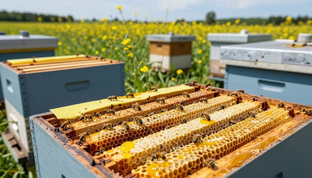 A close-up view of honey supers stacked in a lush beekeeping apiary, with vivid formic acid treatment pads strategically placed between the frames. In the foreground, focus on the honeycomb structure glistening with fresh nectar, while the middle ground features bees actively foraging and moving about the supers. The background displays a vibrant field of wildflowers under a clear blue sky, emphasizing the nectar flow season. Soft, natural daylight illuminates the scene, creating a warm atmosphere. Capture the image from a slightly elevated angle, giving a comprehensive view of the honey supers while highlighting the importance of formic acid in mite control. The overall mood should convey busyness and vitality in the beekeeping environment. A close-up view of honey supers stacked in a lush beekeeping apiary, with vivid formic acid treatment pads strategically placed between the frames. In the foreground, focus on the honeycomb structure glistening with fresh nectar, while the middle ground features bees actively foraging and moving about the supers. The background displays a vibrant field of wildflowers under a clear blue sky, emphasizing the nectar flow season. Soft, natural daylight illuminates the scene, creating a warm atmosphere. Capture the image from a slightly elevated angle, giving a comprehensive view of the honey supers while highlighting the importance of formic acid in mite control. The overall mood should convey busyness and vitality in the beekeeping environment.