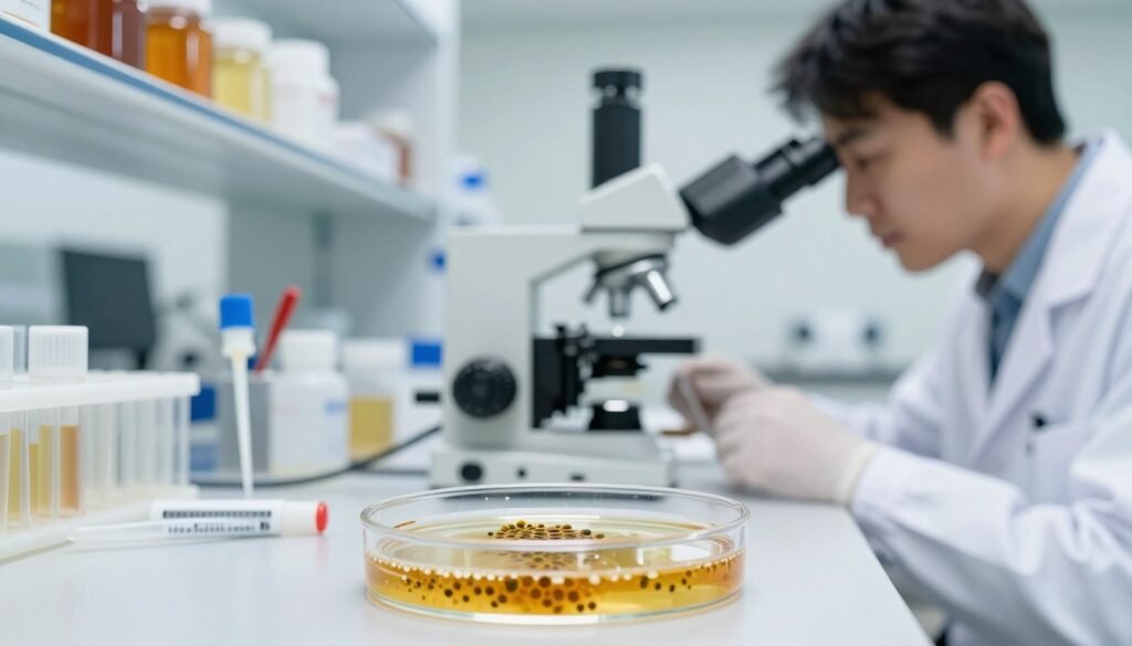 A close-up view of honey testing spores, set in a bright, sterile laboratory environment. In the foreground, a petri dish filled with transparent gelatin containing clusters of tiny, colorful spores, some resembling honeycomb patterns. A microscope is positioned next to the dish, with a lab technician in smart casual attire focusing intently on the sample, their face illuminated by soft, diffused lighting. The middle ground showcases laboratory equipment like pipettes and labeling tools, hinting at the meticulous process of honey testing. In the background, shelves filled with various jars of honey and scientific books suggest a busy yet organized lab atmosphere. The scene conveys a sense of precision and care, with a calm, professional mood, emphasizing the importance of laboratory analysis in bee health. A close-up view of honey testing spores, set in a bright, sterile laboratory environment. In the foreground, a petri dish filled with transparent gelatin containing clusters of tiny, colorful spores, some resembling honeycomb patterns. A microscope is positioned next to the dish, with a lab technician in smart casual attire focusing intently on the sample, their face illuminated by soft, diffused lighting. The middle ground showcases laboratory equipment like pipettes and labeling tools, hinting at the meticulous process of honey testing. In the background, shelves filled with various jars of honey and scientific books suggest a busy yet organized lab atmosphere. The scene conveys a sense of precision and care, with a calm, professional mood, emphasizing the importance of laboratory analysis in bee health.