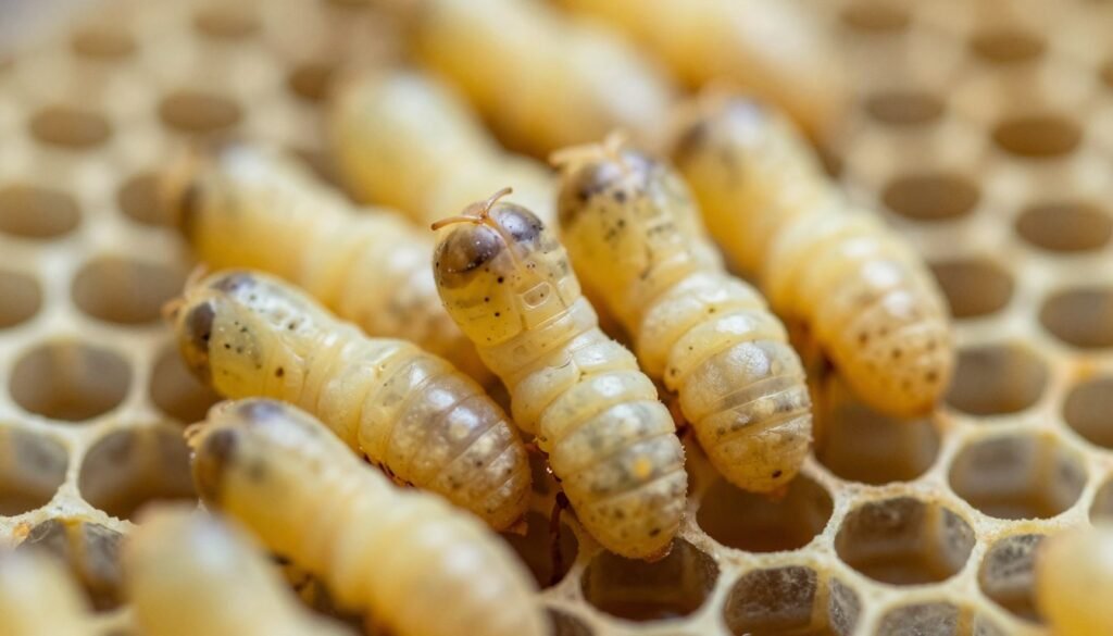 A close-up view of honeybee larvae affected by sacbrood virus, showcasing the telltale light yellow and translucent appearance indicating disease. In the foreground, focus on several larvae displaying distorted shapes and signs of decay, with a soft, blurred honeycomb structure in the background. Soft, natural lighting highlights the texture of the larvae while casting gentle shadows, creating an atmosphere of a sterile, scientific examination. Use a macro lens perspective to emphasize the details of the infected brood, ensuring a clear and educational representation for identification purposes. The overall mood should be clinical and informative, reflecting a meticulous study of the sacbrood virus in a natural setting.