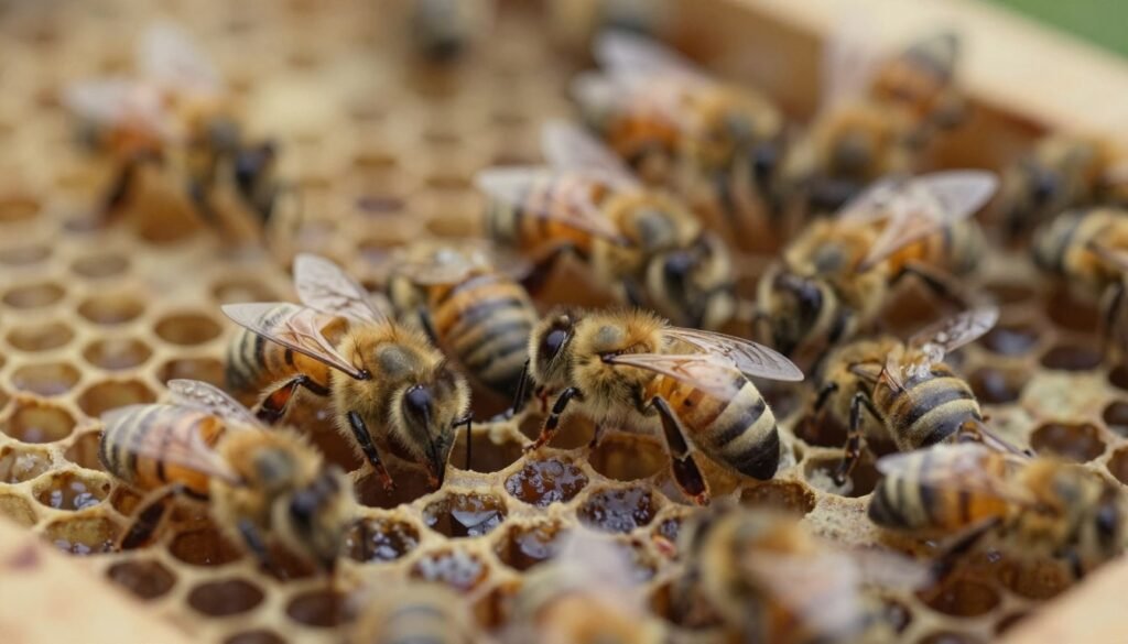 A close-up view of honeybee larvae in uncapped cells within a beehive, illustrating signs of American foulbrood. The foreground features several uncapped cells with larvae, showcasing a light brown, watery appearance indicative of the illness. Some larvae should be discolored, having a darker hue, with a viscous texture. The middle ground includes honeycomb structure and worker bees displaying signs of distress, such as a cluster formation, emphasizing the symptom spread. The background should be a soft-focus, natural hive setting with muted, warm lighting to enhance realism, suggesting a sense of urgency and concern. The composition should highlight the contrast between healthy and infected cells, capturing a somber yet educational atmosphere. A close-up view of honeybee larvae in uncapped cells within a beehive, illustrating signs of American foulbrood. The foreground features several uncapped cells with larvae, showcasing a light brown, watery appearance indicative of the illness. Some larvae should be discolored, having a darker hue, with a viscous texture. The middle ground includes honeycomb structure and worker bees displaying signs of distress, such as a cluster formation, emphasizing the symptom spread. The background should be a soft-focus, natural hive setting with muted, warm lighting to enhance realism, suggesting a sense of urgency and concern. The composition should highlight the contrast between healthy and infected cells, capturing a somber yet educational atmosphere.