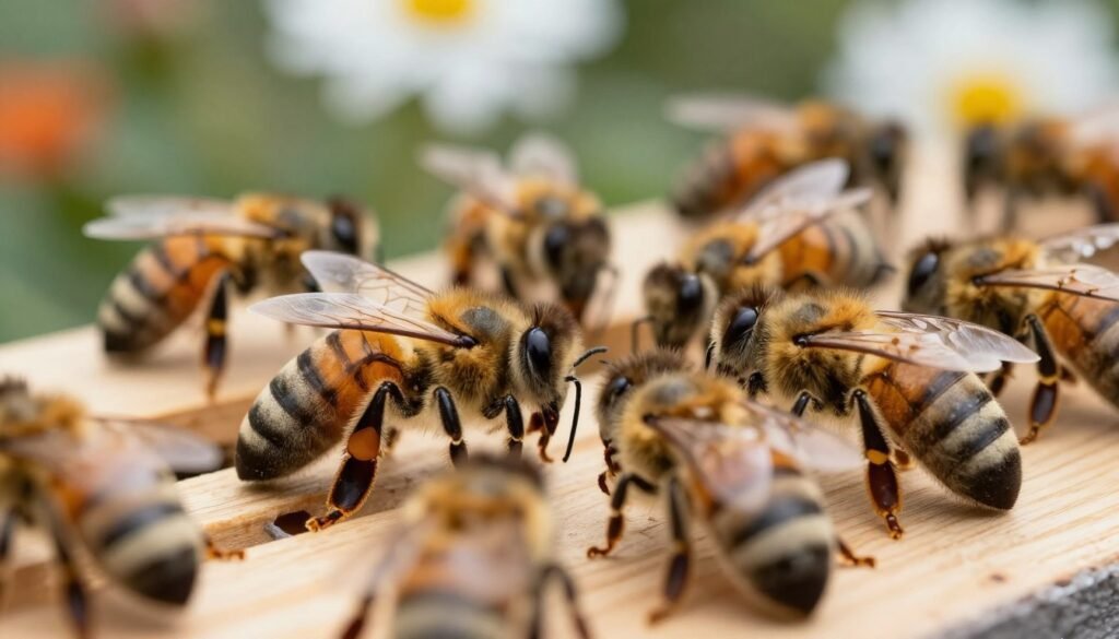 A close-up view of honeybees exhibiting symptoms of Nosema disease, focusing on their distorted bodies and affected wings. In the foreground, several bees show signs of deterioration, with some appearing lethargic, and their abdomens swollen. The middle ground features a beehive with a few more active bees around, contrasting the sick ones. In the background, a blurred garden setting with vibrant flowers under soft, diffused sunlight creates a serene yet concerning atmosphere. Use a macro lens perspective to highlight the details of the bees' bodies and wings, emphasizing their struggle against the disease. The overall mood should evoke a sense of urgency and concern for bee health, showcasing the impact of Nosema disease in a natural environment.