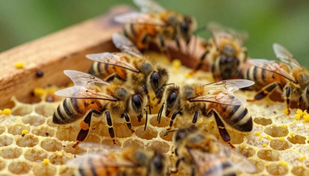 A close-up view of honeybees exhibiting symptoms of parasitic mite syndrome, in a lush beehive environment. The foreground features bees with distinct signs of distress, including deformed wings and unusual fur patterns, clinging to honeycomb filled with pollen and brood. In the middle ground, additional bees interact with the hive’s interior, while a few are struggling, emphasizing the impact of mite infestation. The background reveals the hive structure, with soft, natural lighting filtering through, creating a warm yet somber atmosphere. Capture this scene with a macro lens perspective, focusing on the intricate details of the bees and the hive. The mood is informative, highlighting the fragility of bee health amid their vibrant environment.