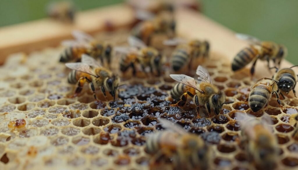 A close-up view of honeycomb cells affected by American foulbrood disease, showcasing a mix of healthy and diseased larvae. In the foreground, vividly detail the dark, melted appearance of infected larvae, contrasting with the normal, plump look of healthy ones. The honeycomb structure should be clearly visible, with some cells filled with a gooey, brown substance indicative of foulbrood. In the middle ground, include a few bees, appearing distressed and clustering near the infected areas to represent their inability to thrive. The background should be softly blurred to indicate the inside of a hive, with subtle natural lighting filtering through, creating an atmosphere of concern. The mood is somber and educational, reflecting the serious implications of foulbrood in honeybee populations.
