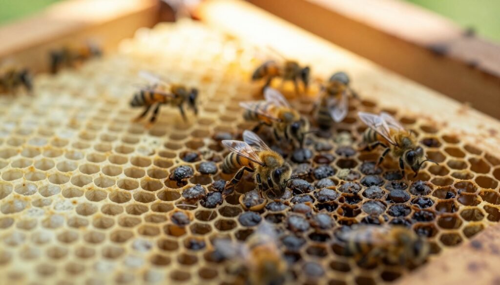A close-up view of honeycomb frames displaying clear signs of foulbrood disease in bee larvae. The foreground features several dark, unhealthy larvae with a sunken appearance in irregular cells, surrounded by capped brood, creating a stark contrast. In the middle ground, a few healthy worker bees are tending to the brood, highlighting the difference. The background blurs slightly to show a vibrant hive environment filled with soft, golden light filtering through the hive entrance, creating an intimate and focused atmosphere. The image is captured at a shallow depth of field, with the focus on the diseased brood, emphasizing the importance of recognizing these signs. The lighting is natural, warm, and inviting to engage the viewer while maintaining a professional, educational tone.