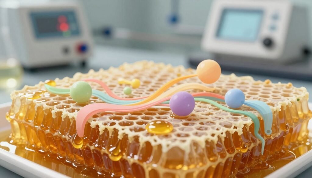 A close-up view of honeycomb with enzymes depicted in vibrant colors swirling through the honey cells. In the foreground, droplets of honey glisten under soft, warm lighting, highlighting their golden hue. The middle ground features enzymes illustrated as dynamic, flowing patterns, showcasing their molecular structure in pastel shades. In the background, a blurred image of a laboratory setup with temperature control equipment creates a scientific atmosphere. The scene captures a sense of warmth and richness, symbolizing the importance of temperature control in maintaining enzyme activity. The perspective is slightly angled, adding depth, while a soft focus conveys a sense of wonder and curiosity about the biochemical processes in honey.