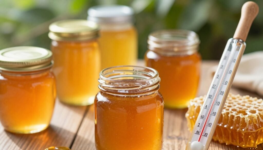 A close-up view of jars of raw honey placed on a wooden table, with varying shades of amber to illustrate different qualities. In the foreground, a thermometer partially submerged in honey, where the temperature reads varying degrees, hinting at its effects on honey viscosity. In the middle background, soft-focus greenery symbolizes bee habitats, emphasizing the natural origins of honey. The setting is illuminated by warm, natural sunlight filtering through, creating a cozy, inviting atmosphere. The lens captures the detail of honeycomb textures in the jars as well as the glistening surface of the honey. The overall mood is organic and educational, showcasing the relationship between temperature and honey quality in a visually striking manner.