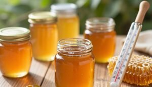 A close-up view of jars of raw honey placed on a wooden table, with varying shades of amber to illustrate different qualities