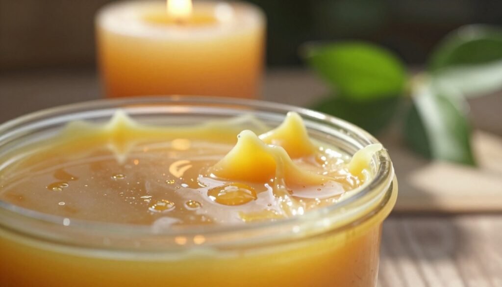 A close-up view of melting wax in a clear container, focusing on its rich, golden hue as it gradually transitions from solid to liquid. In the foreground, the wax glistens in the warm sunlight, showcasing delicate droplets pooling at the bottom. The middle ground features a backdrop of a rustic beeswax candle partially melted, with soft sunlight filtering through, creating an inviting and warm atmosphere. In the background, there are hints of natural elements, like green leaves and a wooden table, suggesting an outdoor setting. The scene is illuminated with soft, diffused lighting to enhance the wax's texture. The overall mood is serene and organic, symbolizing the natural process of wax melting under heat.