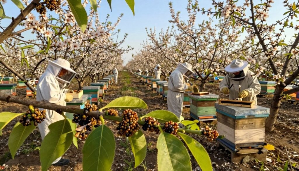 A close-up view of mite control colonies in a professional almond orchard setting, showcasing various mite management techniques. In the foreground, detailed clusters of mite colonies are depicted on leaves, with visible mite activity under magnification. In the middle ground, beekeepers in professional attire carefully inspect hives and monitor mite populations, emphasizing meticulous management practices. The background features rows of almond trees in full bloom, against a clear blue sky, casting soft afternoon light over the scene. The atmosphere is one of focused diligence, blending nature with agriculture, capturing the critical balance required for successful pollination and pest control. The image should have a warm, inviting tone to reflect the importance of sustainable practices in agriculture.