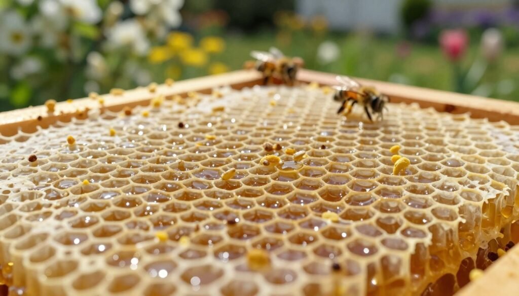 A close-up view of natural honeycomb, focusing on the intricate hexagonal cells filled with golden honey, showcasing varying textures and reflections. In the foreground, a well-constructed section of honeycomb built by bees, with glistening droplets of honey catching the light. The middle ground features scattered pollen grains and small bee activity, emphasizing the dynamic nature of a working hive. The background is softly blurred, depicting a lush garden with blooming flowers under bright natural sunlight, creating a warm and inviting atmosphere. The image should be captured from a slightly elevated angle to provide depth, with soft shadowing to enhance the details of the comb. The overall mood is one of natural beauty and intricate craftsmanship.