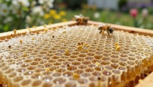 A close-up view of natural honeycomb, focusing on the intricate hexagonal cells filled with golden honey, showcasing varying