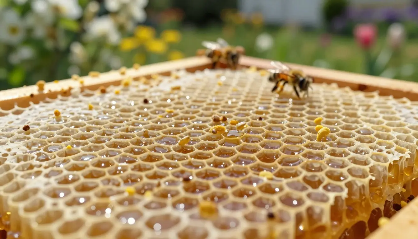 A close-up view of natural honeycomb, focusing on the intricate hexagonal cells filled with golden honey, showcasing varying