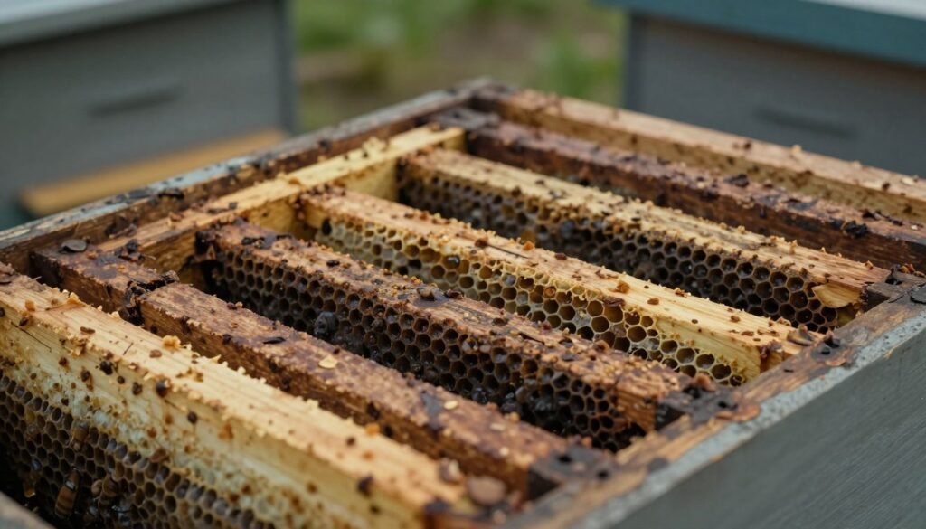 A close-up view of old beekeeping frames with dark, aged combs, showcasing the structural integrity and wear over time. The foreground features a weathered wooden frame with remnants of honeycomb, cracks, and signs of erosion. In the middle ground, additional frames are arranged haphazardly, displaying variations in their condition, some slightly bent and others with fractured wood. The background includes a blurred backdrop of a beehive, emphasizing the context without distraction. Soft, natural lighting wells from the side, casting gentle shadows that highlight the textures and details of the frames. The mood is reflective and slightly somber, inviting contemplation on the importance of maintenance in beekeeping. The angle is slightly tilted downward, enhancing the focus on the frames and their condition. A close-up view of old beekeeping frames with dark, aged combs, showcasing the structural integrity and wear over time. The foreground features a weathered wooden frame with remnants of honeycomb, cracks, and signs of erosion. In the middle ground, additional frames are arranged haphazardly, displaying variations in their condition, some slightly bent and others with fractured wood. The background includes a blurred backdrop of a beehive, emphasizing the context without distraction. Soft, natural lighting wells from the side, casting gentle shadows that highlight the textures and details of the frames. The mood is reflective and slightly somber, inviting contemplation on the importance of maintenance in beekeeping. The angle is slightly tilted downward, enhancing the focus on the frames and their condition.