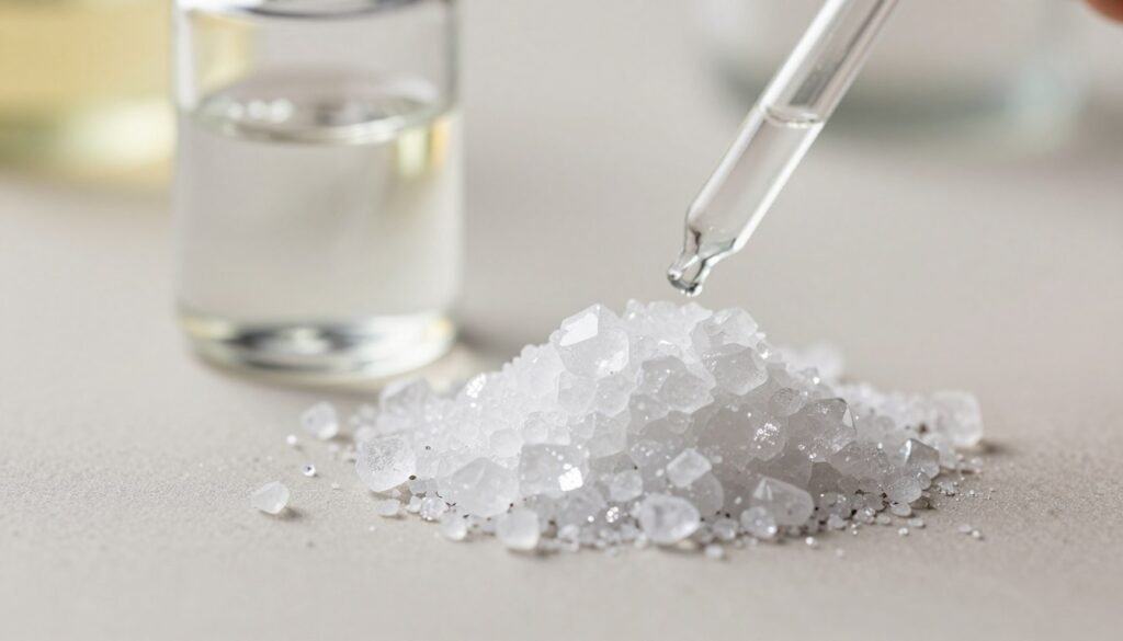 A close-up view of oxalic acid crystals on a neutral-colored surface, showcasing their intricate geometric shapes and glistening textures. The foreground features a crystal cluster prominently, with light reflecting off its facets to create a sparkling effect. In the middle ground, a glass vial partially filled with a clear liquid containing dissolved oxalic acid, with a dropper beside it, hints at its application in beekeeping. The background is softly blurred, featuring a warm, natural light that evokes a calm, scientific atmosphere. The image captures the essence of precision and cleanliness, ideal for representing a preferred biochemical treatment in winter apiary management.