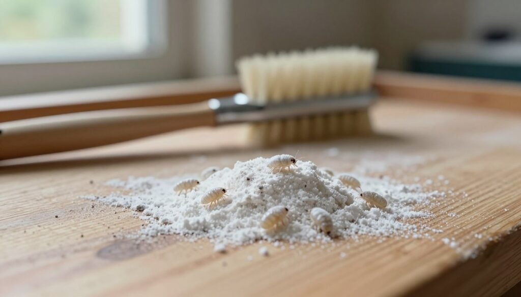 A close-up view of powdered sugar roll mites on a wooden surface, with a focus on their intricate details and textures. In the foreground, a small mound of powdered sugar surrounds a cluster of tiny, clear-bodied mites, showcasing their unique shapes and movements. The middle ground features a slightly blurred beekeeping tool, such as a soft brush, suggesting the technique in action. The background includes a softly lit beekeeping environment, with natural light filtering through a nearby window, imparting a warm, inviting atmosphere. The image captures a scientific and educational mood, emphasizing the importance of observation in the powdered sugar roll technique for Varroa mite testing. The camera angle is slightly tilted, enhancing the depth, while a shallow depth of field ensures the mites remain the focal point.