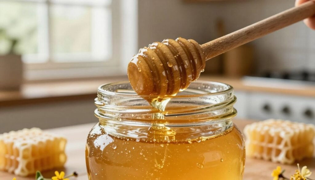 A close-up view of pure raw honey in a glass jar, showcasing its golden, viscous texture with glistening droplets. The foreground features a wooden honey dipper resting on the jar, with a small drizzle of honey cascading down. In the middle layer, there are scattered beeswax pieces and a few wildflower petals, emphasizing the natural ingredients. The background softly fades into a rustic kitchen setting with warm, diffused natural light pouring in from a window, creating a cozy atmosphere. The scene conveys a sense of purity and freshness, inviting the viewer to appreciate the quality of raw honey.