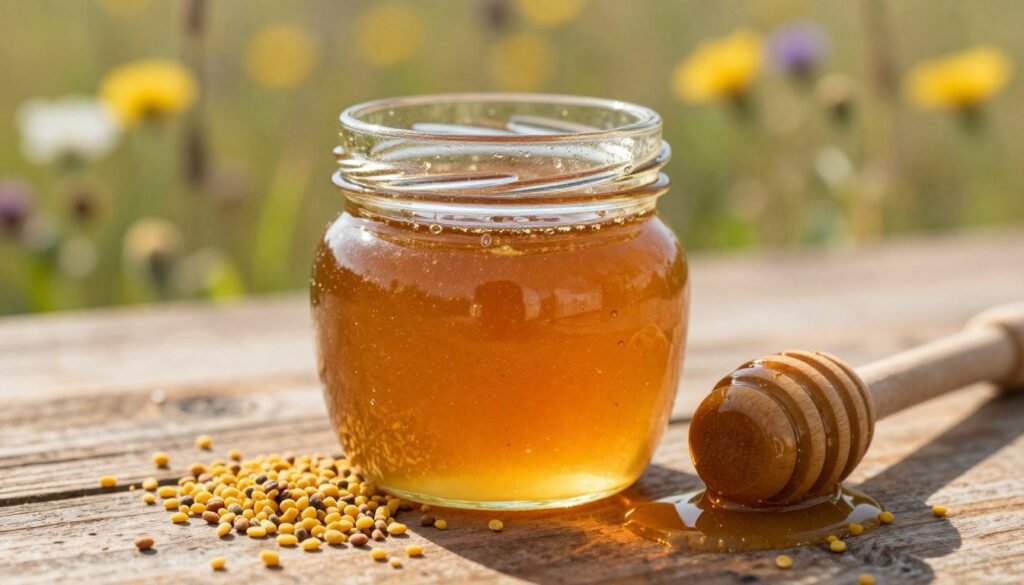 A close-up view of raw honey in a glass jar, showcasing its rich amber color and shimmering texture, placed on a rustic wooden table. Surrounding the jar, golden pollen granules and a wooden honey dipper add an organic feel. In the background, a softly blurred field of wildflowers hints at the natural sources of the pollen. The lighting is warm and natural, evoking a cozy, inviting atmosphere, with sunlight filtering through and highlighting the intricate details of the honey's surface. The lens angle is slightly tilted to create depth, making the honey the focal point while the pollen and dipper draw the viewer’s eye. This serene scene captures the essence of natural enzymes present in unfiltered honey, inviting a sense of health and vitality. A close-up view of raw honey in a glass jar, showcasing its rich amber color and shimmering texture, placed on a rustic wooden table. Surrounding the jar, golden pollen granules and a wooden honey dipper add an organic feel. In the background, a softly blurred field of wildflowers hints at the natural sources of the pollen. The lighting is warm and natural, evoking a cozy, inviting atmosphere, with sunlight filtering through and highlighting the intricate details of the honey's surface. The lens angle is slightly tilted to create depth, making the honey the focal point while the pollen and dipper draw the viewer’s eye. This serene scene captures the essence of natural enzymes present in unfiltered honey, inviting a sense of health and vitality.