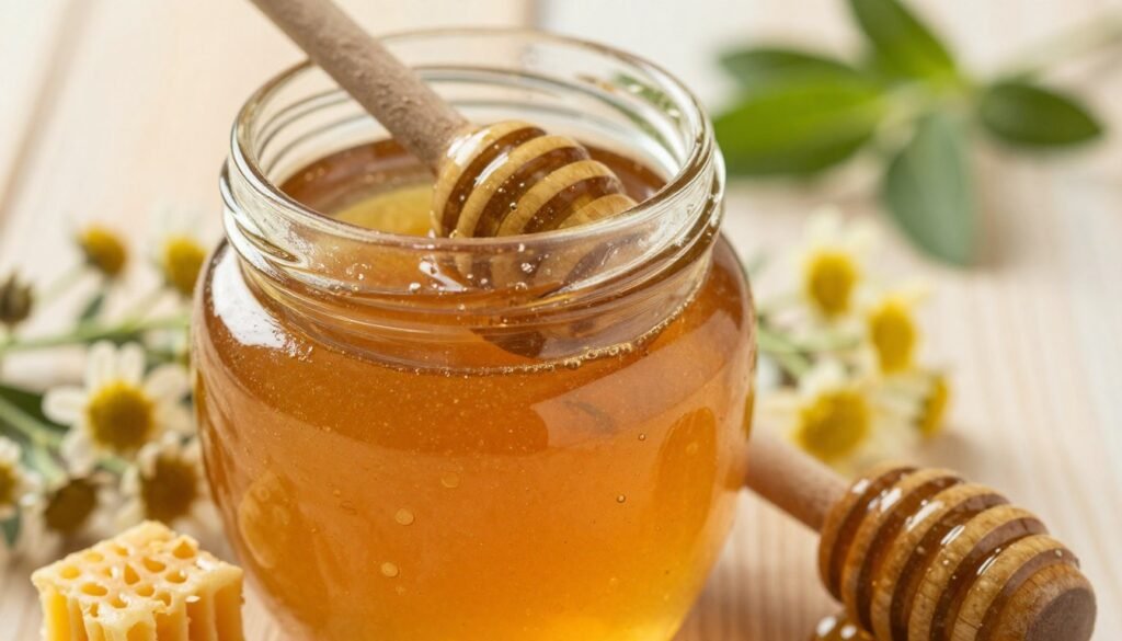 A close-up view of raw honey in a glass jar, showcasing its thick, amber-golden texture with tiny bubbles and natural impurities. The foreground features a wooden honey dipper resting against the jar, glistening with dripping honey. In the middle ground, floral elements like beeswax and wildflowers encircle the jar, emphasizing the connection to floral sources. The background is softly blurred with a light wooden surface and gentle green leaves, creating a natural, earthy atmosphere. The lighting is warm and inviting, with sunlight filtering through, casting soft shadows and highlighting the honey's richness. Capture the essence of purity and nature in this image, evoking a sense of artisanal quality and distinction. A close-up view of raw honey in a glass jar, showcasing its thick, amber-golden texture with tiny bubbles and natural impurities. The foreground features a wooden honey dipper resting against the jar, glistening with dripping honey. In the middle ground, floral elements like beeswax and wildflowers encircle the jar, emphasizing the connection to floral sources. The background is softly blurred with a light wooden surface and gentle green leaves, creating a natural, earthy atmosphere. The lighting is warm and inviting, with sunlight filtering through, casting soft shadows and highlighting the honey's richness. Capture the essence of purity and nature in this image, evoking a sense of artisanal quality and distinction.