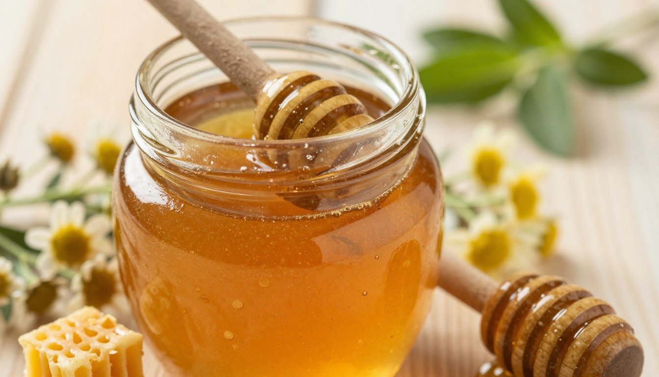 Raw honey in a glass jar showing its thick, amber texture, illustrating how glycemic index varies meaningfully between different honey varieties based on their specific fructose-to-glucose ratio