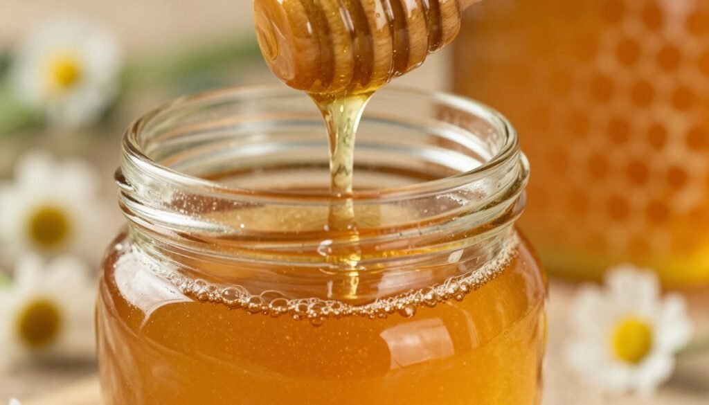 A close-up view of rich, golden honey drizzling from a wooden honey dipper into a jar, showcasing its thick, viscous texture, emphasizing moisture and clarity. The foreground features the honey dipper mid-drizzle, with droplets glistening in the light. In the middle, a clear glass jar filled with honey sits unsealed, capturing the warm, amber hues and bubbles forming within, symbolizing fermentation risks. The background is softly blurred with hints of nature, like a blooming wildflower or honeycomb pattern, creating an organic atmosphere. The lighting is warm and inviting, casting gentle reflections on the honey's surface, evoking a sense of purity and natural sweetness suitable for an informative article.