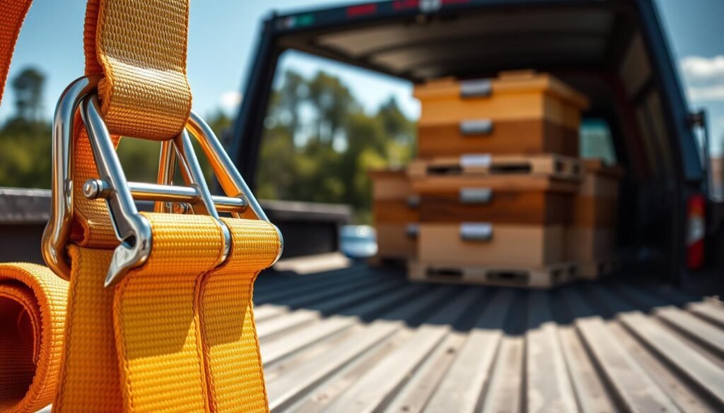 A close-up view of robust ratchet straps designed for securing loads during transit, placed prominently in the foreground. The straps are brightly colored, showcasing their heavy-duty materials and metal buckles glimmering in natural light, emphasizing their strength and reliability. In the middle ground, a partially open truck bed reveals neatly stacked beehive boxes, indicating their transportation journey. The background shows a serene outdoor environment with a blurred horizon of trees and a bright blue sky, suggesting a safe and peaceful transit experience. Soft, inviting lighting casts gentle shadows, evoking a sense of security and protection for the valuable cargo. The overall mood is focused and professional, ideal for conveying the importance of proper gear in safe hive transport.