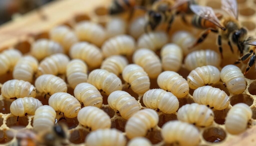 A close-up view of sacbrood larvae, showcasing their translucent, slightly elongated bodies with a soft, waxy texture. The scene is filled with honeycomb cells, where some larvae are nestled snugly, emphasizing their role in the hive. The lighting is soft and diffuse, simulating natural sunlight filtering through an observation hive, highlighting the subtle variations in the larvae's coloration, from pale white to light yellow. In the background, blurred honeycomb and worker bees can be seen, adding context to the environment. The overall mood is scientific and informative, designed to evoke curiosity and concern about viral brood diseases and parasitic mite syndrome in honeybee populations. The focus is sharply on the larvae, ensuring clarity and detail.