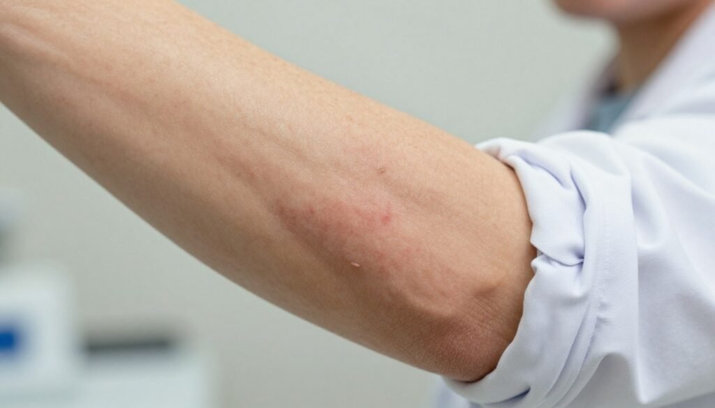 A close-up view of scabies skin symptoms on a person's arm, showcasing prominent red, inflamed rashes and tiny burrows beneath the skin surface. The foreground features a well-groomed, professional individual wearing a light-colored, modest long-sleeve shirt to ensure their dignity is maintained. In the middle, the skin displays the distinctive patterns and irritations of scabies, represented with realistic detail to illustrate the condition clearly. The background is softly blurred with a neutral tone to emphasize the skin's texture without distractions. The lighting is bright and clinical, mimicking a doctor's office setting, promoting an informative mood while maintaining a respectful atmosphere. The angle is slightly tilted downwards, focusing on the arm while avoiding any unnecessary visual clutter. A close-up view of scabies skin symptoms on a person's arm, showcasing prominent red, inflamed rashes and tiny burrows beneath the skin surface. The foreground features a well-groomed, professional individual wearing a light-colored, modest long-sleeve shirt to ensure their dignity is maintained. In the middle, the skin displays the distinctive patterns and irritations of scabies, represented with realistic detail to illustrate the condition clearly. The background is softly blurred with a neutral tone to emphasize the skin's texture without distractions. The lighting is bright and clinical, mimicking a doctor's office setting, promoting an informative mood while maintaining a respectful atmosphere. The angle is slightly tilted downwards, focusing on the arm while avoiding any unnecessary visual clutter.
