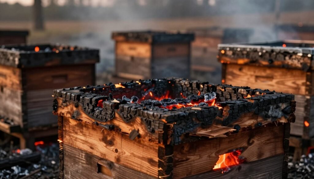 A close-up view of scorched wooden hive boxes, reflecting the aftermath of an intense fire. The foreground features a charred, visibly damaged hive box with splintered wood and glowing embers, illustrating the impact of heat. In the middle ground, other hive boxes appear slightly singed, hinting at the surrounding devastation. The background displays a blurred, smoky landscape, adding depth and context to the scene. Warm, dramatic lighting accentuates the contrast between the rich brown of the charred wood and the bright orange-red glow of the embers, evoking a sense of urgency and caution. The composition is shot from a low angle, emphasizing the height and severity of the damage while creating a somber atmosphere. No text or people are included.