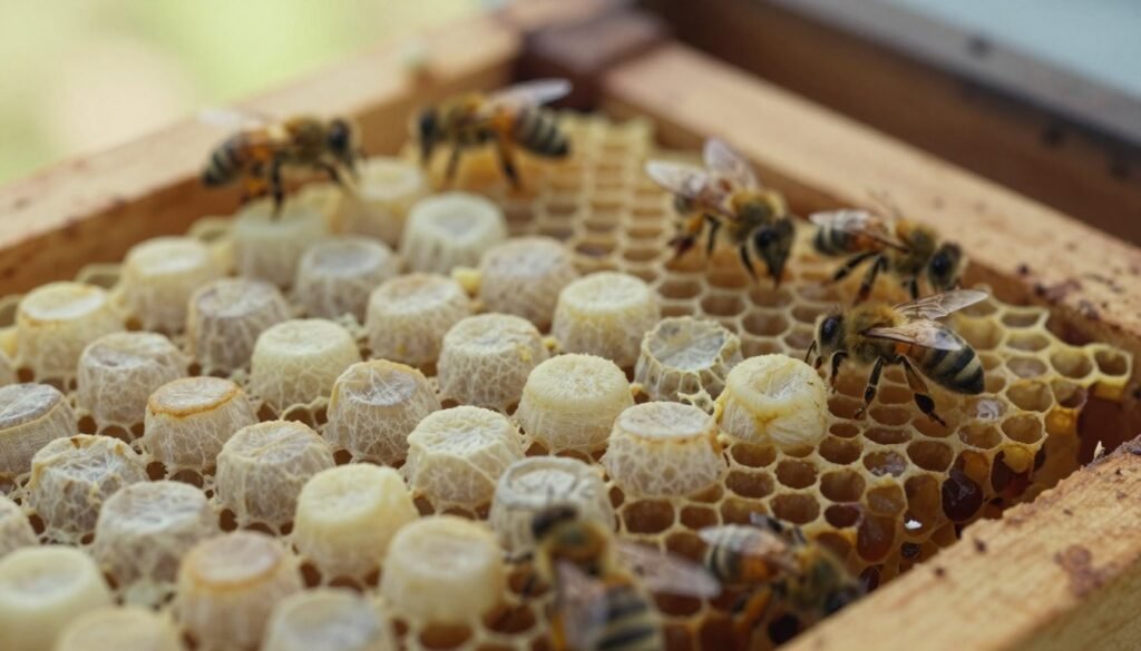 A close-up view of sealed queen cells within a beehive frame, showcasing the intricate, waxy structures that house developing queen bees. The foreground features a frame with multiple queen cells, each showcasing a smooth, creamy color and a domed top, surrounded by richly textured honeycomb cells filled with worker bee brood. In the middle ground, several worker bees busily tend to the cells, with their delicate wings shimmering in soft, natural light. The background highlights the inside of the hive, a warm, wooden environment with soft shadows to suggest depth. The atmosphere is calm and industrious, capturing the essence of beekeeping and the vital role of queen cells in hive dynamics. The image is well-lit with gentle, diffused sunlight coming from the top left, enhancing the natural textures and colors.