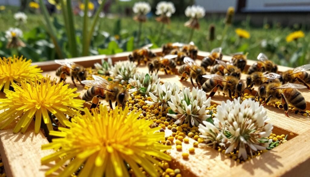 A close-up view of seasonal pollen, showcasing various types such as bright yellow dandelion pollen and soft white clover pollen, scattered artfully on a wooden hive tray. In the foreground, the rich textures of the pollen grains are highlighted by natural sunlight filtering through leaves, creating gentle highlights and shadows. The middle ground features a newly established bee colony, with bees actively gathering pollen and displaying lively behavior, emphasizing the importance of supplemental feeding in spring. In the background, a lush green garden with blooming flowers adds depth and context, portraying an abundant source of pollen. The overall atmosphere is vibrant and buzzing with life, embodying the season's energy.