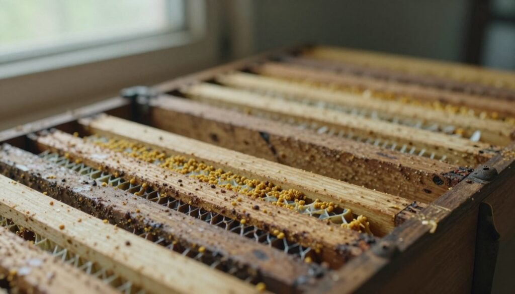 A close-up view of several old pollen frames used in beekeeping, emphasizing their worn texture and faded colors. In the foreground, focus on a weathered wooden frame displaying remnants of golden pollen grains and intricate comb patterns. The middle ground shows additional frames stacked haphazardly, some slightly broken, highlighting signs of wear and age. In the background, soft, natural lighting filters through a window, casting gentle shadows that enhance the rustic feel. Soft focus on the edges creates a dreamy atmosphere, evoking a sense of nostalgia for the past. The overall mood is reflective and contemplative, illustrating the concept of reuse while subtly hinting at the challenges associated with old frames. A close-up view of several old pollen frames used in beekeeping, emphasizing their worn texture and faded colors. In the foreground, focus on a weathered wooden frame displaying remnants of golden pollen grains and intricate comb patterns. The middle ground shows additional frames stacked haphazardly, some slightly broken, highlighting signs of wear and age. In the background, soft, natural lighting filters through a window, casting gentle shadows that enhance the rustic feel. Soft focus on the edges creates a dreamy atmosphere, evoking a sense of nostalgia for the past. The overall mood is reflective and contemplative, illustrating the concept of reuse while subtly hinting at the challenges associated with old frames.