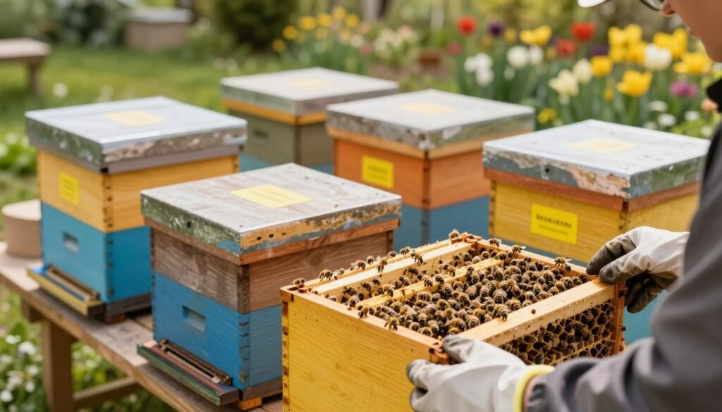 A close-up view of several overwintered beehive nucs placed neatly on a wooden table, showcasing their robust construction and vibrant colors. In the foreground, a pair of gloved hands gently inspect one of the nucs, revealing healthy bees buzzing actively inside. The middle ground features additional nucs, each with distinctive features such as bright labels and wooden textures. The background includes a soft-focus image of a sunny garden, with blooming flowers and greenery that enhance the natural setting. The scene is illuminated by warm, natural lighting, creating a sense of tranquility and productivity. The overall atmosphere conveys a professional side business environment, emphasizing the theme of entrepreneurship in beekeeping.