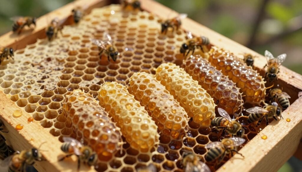 A close-up view of several queen bee cells built within a honeycomb frame, showcasing the distinct elongated shape of the queen cells. The foreground features the cells, glistening with the golden hue of honey and surrounded by worker bees tending to them. In the middle ground, a portion of the honeycomb is visible, including healthy brood and various stages of worker and drone cells, demonstrating the hive's activity. The background includes blurred vegetation of an apiary setting on a sunny day, with soft, warm lighting that evokes a sense of importance and vitality. The focus is sharp on the queen cells, creating a vivid detail that highlights the potential for swarming within the hive, inviting curiosity and exploration.