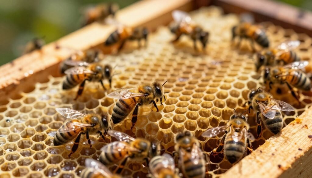 A close-up view of several queen bee cells in a beehive, showcasing their distinct elliptical shape and rich golden color. In the foreground, focus on the cells with an emphasis on their waxy texture and intricate details, surrounded by worker bees tending to them, creating a lively atmosphere. The middle ground includes the honeycomb structure, with a soft focus on the surrounding empty cells, highlighting the organizational beauty of the hive. The background features a blurred view of natural wood hive frames, with dappled sunlight filtering through, casting gentle shadows that add depth to the scene. The overall mood is one of industry and nurturing, emphasizing the vital role queen cells play in bee reproduction and colony growth.