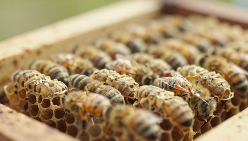 A close-up view of several queen bee cells, showcasing their unique texture and shape. The foreground features a detailed cluster of queen cells, emphasizing their elongated form with distinct wax structure and coloration, highlighting the differences in texture compared to standard worker bee cells. The middle ground offers a subtle blurred effect of honeycomb frames, hinting at the busy activity of a beehive. The background is softly illuminated with warm, natural light, creating a serene yet industrious atmosphere that evokes the essence of beekeeping. The image is captured from a slightly elevated angle to emphasize the queen cells' dimensions. Use a macro lens effect for intricate detail, ensuring the image conveys clarity and vibrancy.